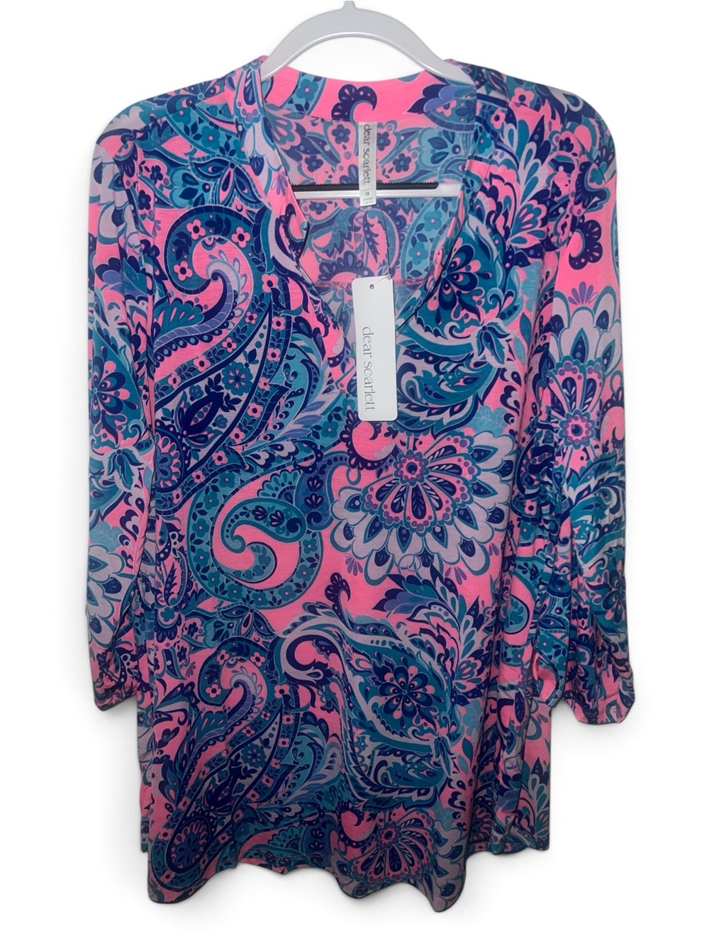 Dear Scarlett Plus Size Blue & Pink Paisley Lizzie V-Neck Tunic Top